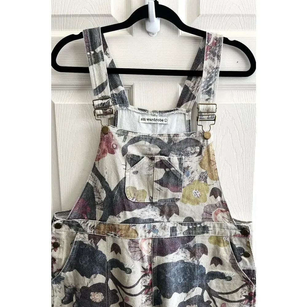 SM WARDROBE Floral Ladybug Cotton Canvas Wide Leg Gardening Overalls Jumper Sz L - Picture 2 of 16